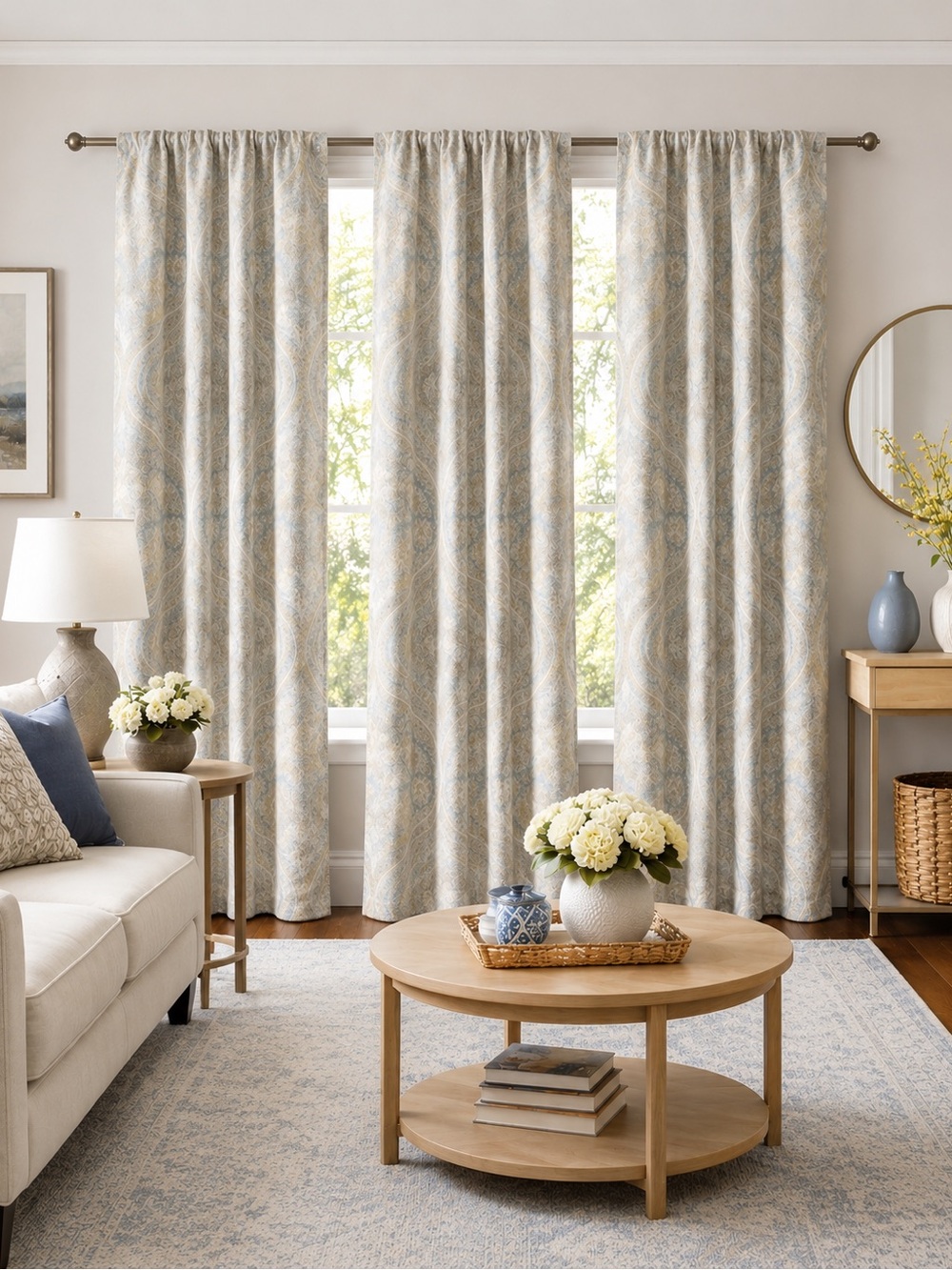 Tommy Hilfiger Home Lined Curtain Panels Blue, Linen, Gold Paisley 83” Set of 3